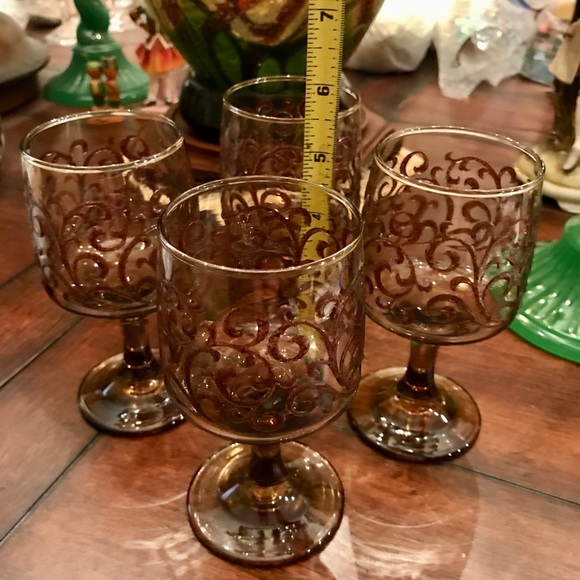 Vintage Libbey Glass Prado Tawny Brown Raised Scroll Wine Glass Set(4) USA 70's - Picture 8 of 8